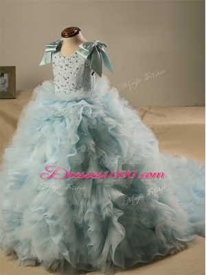 Light Blue Little Girls Pageant Dress Wedding Party with Beading and Ruffles and Bowknot Scoop Sleeveless Brush Train Zipper
