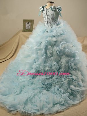 Light Blue Little Girls Pageant Dress Wedding Party with Beading and Ruffles and Bowknot Scoop Sleeveless Brush Train Zipper