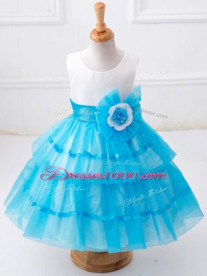 Inexpensive Sleeveless Tea Length Ruffled Layers and Hand Made Flower Zipper Flower Girl Dresses for Less with Baby Blue