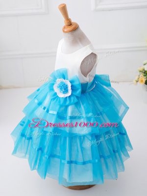 Inexpensive Sleeveless Tea Length Ruffled Layers and Hand Made Flower Zipper Flower Girl Dresses for Less with Baby Blue