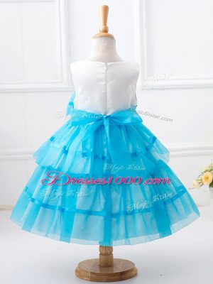 Inexpensive Sleeveless Tea Length Ruffled Layers and Hand Made Flower Zipper Flower Girl Dresses for Less with Baby Blue