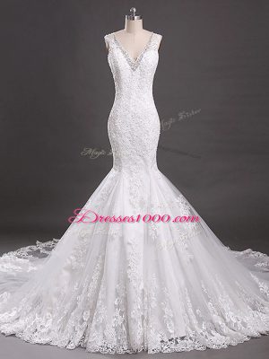 Beading and Lace Wedding Dress White Clasp Handle Sleeveless Court Train