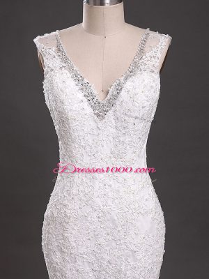 Beading and Lace Wedding Dress White Clasp Handle Sleeveless Court Train