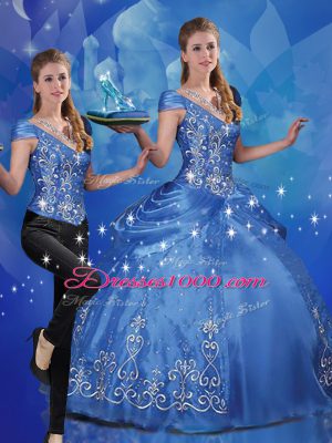 Floor Length Blue Sweet 16 Quinceanera Dress Organza Cap Sleeves Beading and Embroidery