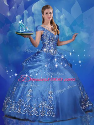 Floor Length Blue Sweet 16 Quinceanera Dress Organza Cap Sleeves Beading and Embroidery