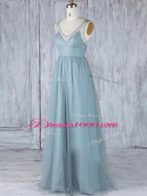 Empire Bridesmaid Dress Grey V-neck Tulle Sleeveless Floor Length Zipper