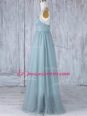 Empire Bridesmaid Dress Grey V-neck Tulle Sleeveless Floor Length Zipper