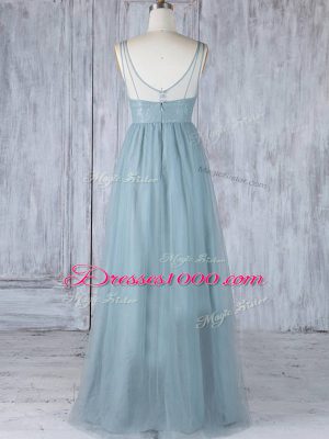 Empire Bridesmaid Dress Grey V-neck Tulle Sleeveless Floor Length Zipper