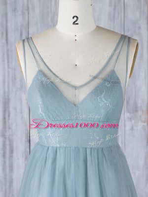 Empire Bridesmaid Dress Grey V-neck Tulle Sleeveless Floor Length Zipper