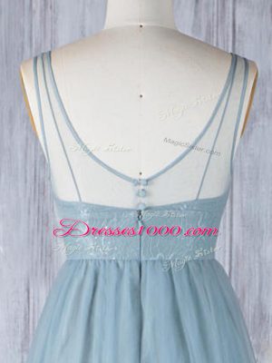 Empire Bridesmaid Dress Grey V-neck Tulle Sleeveless Floor Length Zipper