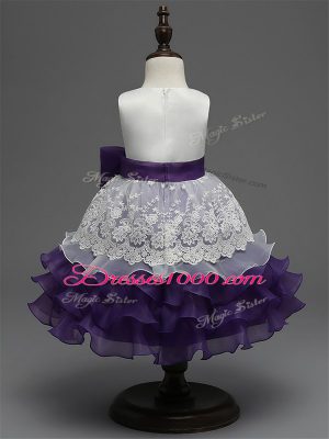 Stylish White And Purple Scoop Zipper Lace and Ruffled Layers and Bowknot Little Girls Pageant Gowns Sleeveless