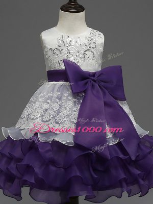 Stylish White And Purple Scoop Zipper Lace and Ruffled Layers and Bowknot Little Girls Pageant Gowns Sleeveless