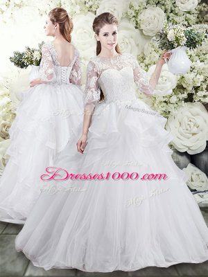 Spectacular White Lace Up Scoop Lace and Ruffles Wedding Gown Tulle Half Sleeves Brush Train