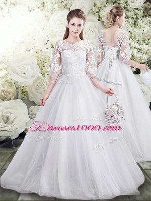 Spectacular White Lace Up Scoop Lace and Ruffles Wedding Gown Tulle Half Sleeves Brush Train