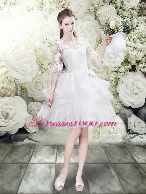 Spectacular White Lace Up Scoop Lace and Ruffles Wedding Gown Tulle Half Sleeves Brush Train