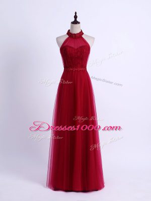 Wine Red Halter Top Neckline Lace and Appliques Dama Dress for Quinceanera Sleeveless Lace Up