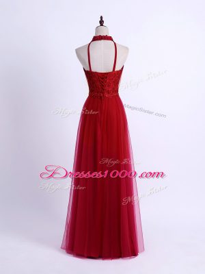 Wine Red Halter Top Neckline Lace and Appliques Dama Dress for Quinceanera Sleeveless Lace Up