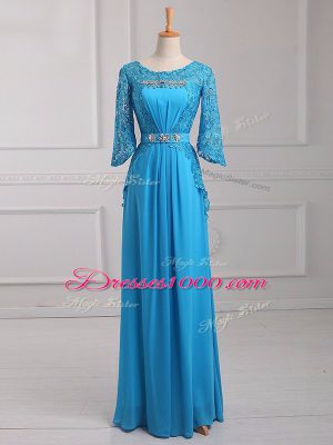 Adorable Chiffon Scoop 3 4 Length Sleeve Zipper Beading and Lace and Belt Mother of Groom Dress in Baby Blue