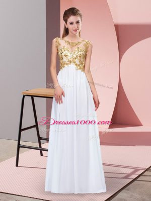 White Empire Appliques Prom Evening Gown Zipper Chiffon Sleeveless Floor Length