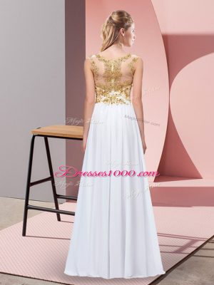 White Empire Appliques Prom Evening Gown Zipper Chiffon Sleeveless Floor Length