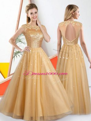 Beading and Lace Damas Dress Champagne Backless Sleeveless Floor Length