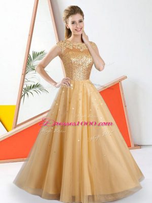 Beading and Lace Damas Dress Champagne Backless Sleeveless Floor Length