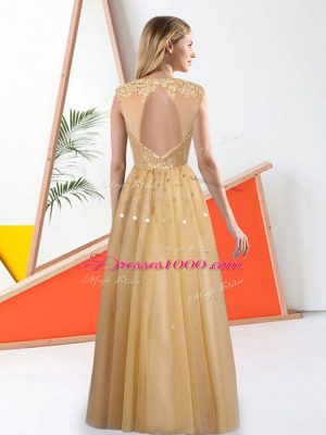 Beading and Lace Damas Dress Champagne Backless Sleeveless Floor Length