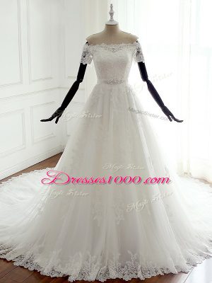 Designer White A-line Off The Shoulder Sleeveless Tulle Court Train Lace Up Lace Wedding Dress