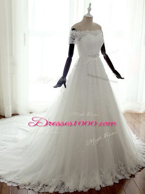 Designer White A-line Off The Shoulder Sleeveless Tulle Court Train Lace Up Lace Wedding Dress