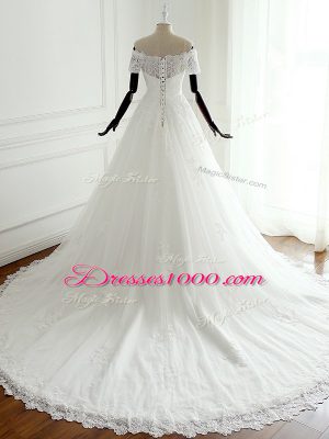 Designer White A-line Off The Shoulder Sleeveless Tulle Court Train Lace Up Lace Wedding Dress