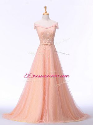 Trendy Tulle Off The Shoulder Sleeveless Brush Train Lace Up Beading and Lace and Belt Evening Wear in Peach