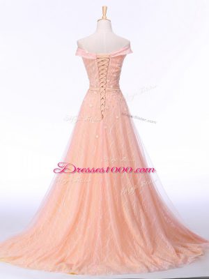 Trendy Tulle Off The Shoulder Sleeveless Brush Train Lace Up Beading and Lace and Belt Evening Wear in Peach