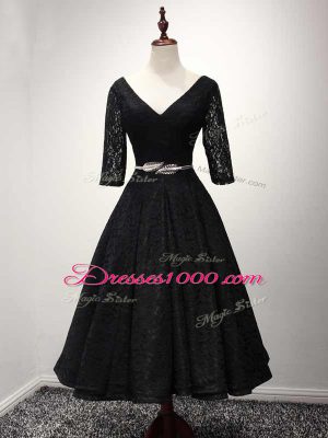Black A-line V-neck Half Sleeves Lace Ankle Length Lace Up Lace and Belt Evening Dress