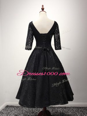 Black A-line V-neck Half Sleeves Lace Ankle Length Lace Up Lace and Belt Evening Dress