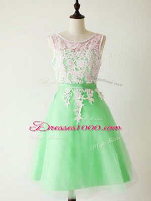 Apple Green Tulle Lace Up Scoop Sleeveless Knee Length Bridesmaid Dresses Lace