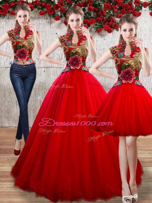Floor Length Red Vestidos de Quinceanera Organza Sleeveless Appliques