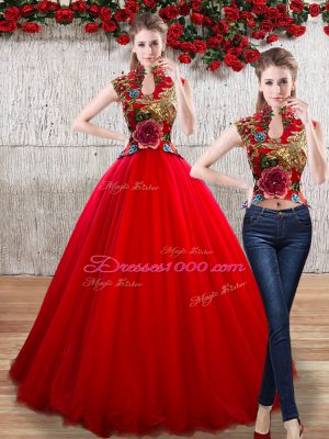 Floor Length Red Vestidos de Quinceanera Organza Sleeveless Appliques