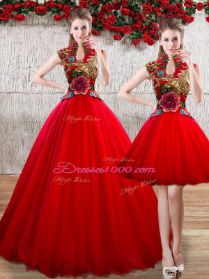 Floor Length Red Vestidos de Quinceanera Organza Sleeveless Appliques