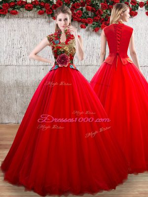 Floor Length Red Vestidos de Quinceanera Organza Sleeveless Appliques