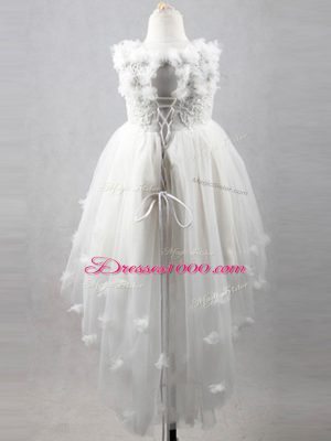 White Sleeveless High Low Appliques Lace Up Flower Girl Dress