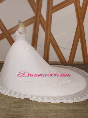 White Wedding Dresses Tulle Chapel Train Short Sleeves Beading and Lace and Appliques