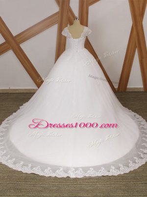 White Wedding Dresses Tulle Chapel Train Short Sleeves Beading and Lace and Appliques