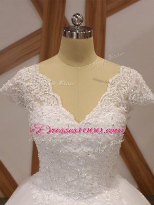 White Wedding Dresses Tulle Chapel Train Short Sleeves Beading and Lace and Appliques