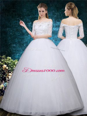 Scalloped Half Sleeves Tulle Wedding Gown Beading and Embroidery Lace Up