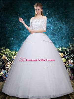 Scalloped Half Sleeves Tulle Wedding Gown Beading and Embroidery Lace Up