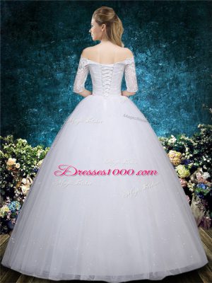 Scalloped Half Sleeves Tulle Wedding Gown Beading and Embroidery Lace Up