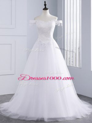 White A-line Tulle Off The Shoulder Sleeveless Lace and Appliques Lace Up Wedding Gown