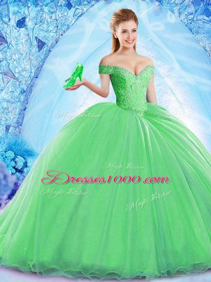 Ball Gowns Sleeveless Green Ball Gown Prom Dress Brush Train Lace Up