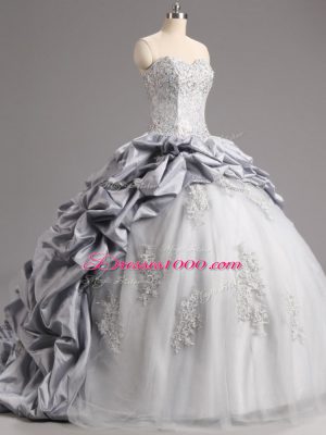 Sweetheart Sleeveless Taffeta and Tulle 15 Quinceanera Dress Beading and Appliques and Pick Ups Brush Train Lace Up