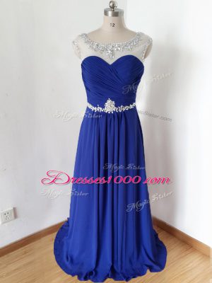 Royal Blue Short Sleeves Beading and Ruching Floor Length Homecoming Party Dress